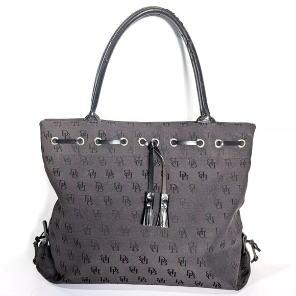 Vtg Dooney & Bourke Womens Black Signature Print Canvas Double Handles Tote Bag - Picture 1 of 12